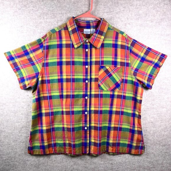 Carolina Colours Women’s 22W 3X Plaid Button Up Shirt Multi-Color Short Sleeve - Picture 2 of 15